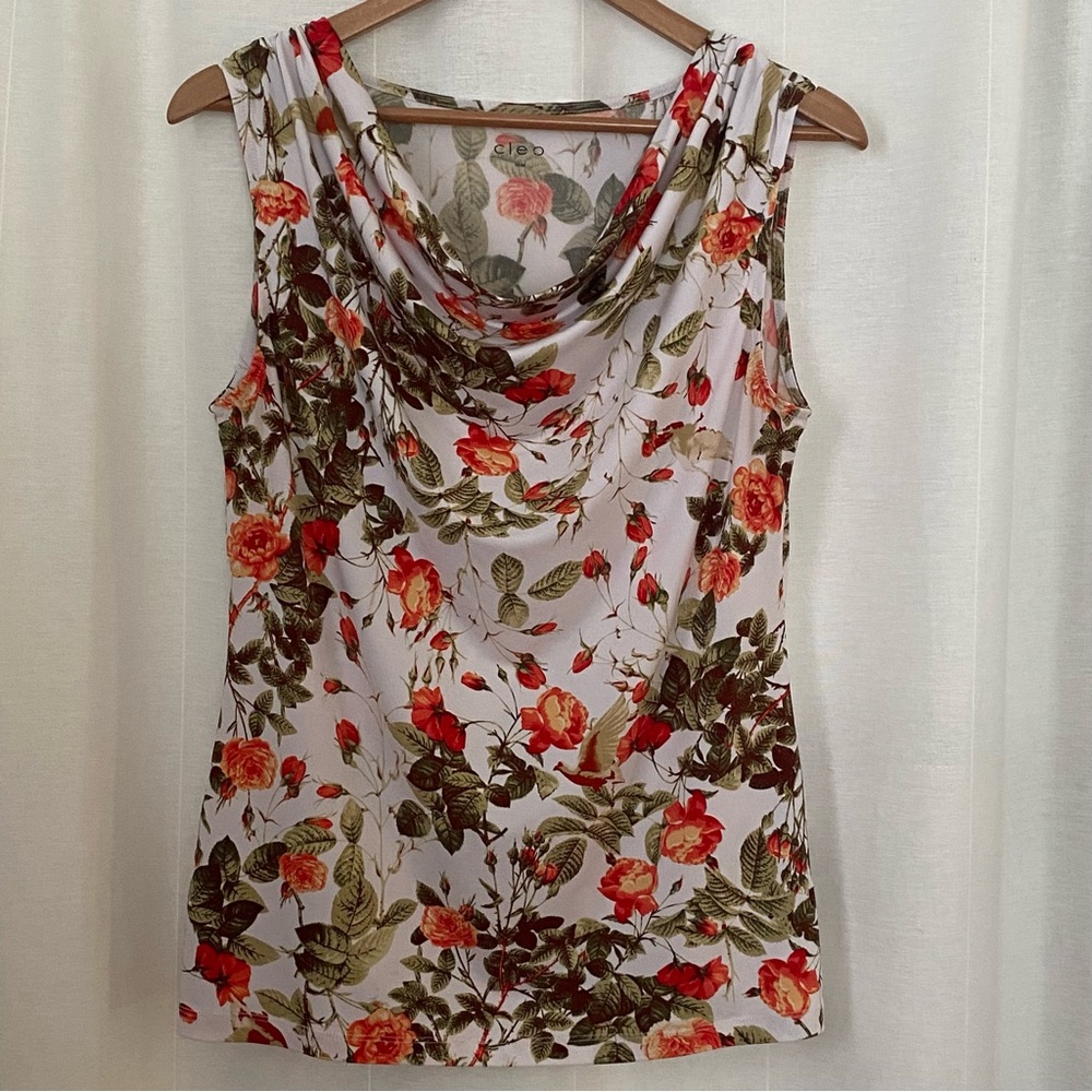 Cleo Floral Orange Green & White Sleeveless Cowl Neckline Top Sz M